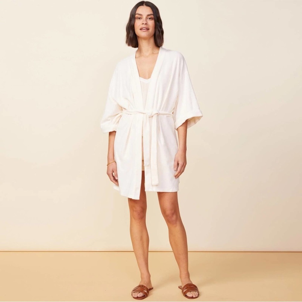 Monrow NWT Terry Cloth Kimono in Pearl White Belted Bath Robe Size XS